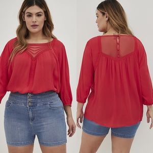 NWT Torrid 1 Red Embroidered & Crochet Trim Top; Plus Size Blouse 1X 14 16 Shirt